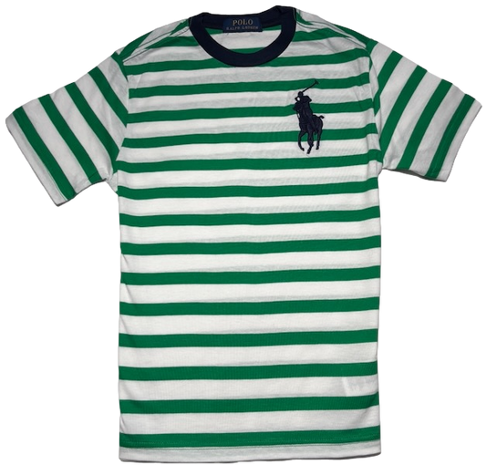 Polo by Ralph Lauren kids Round Neck T Shirt GREEN STRIPE NAVY  BIG PONY Ages 7 & 8