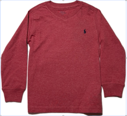 Polo by Ralph Lauren Plain V Neck Long Sleeve T Shirt  HEATHER RED NAVY PONY Age 2, 4 & 6