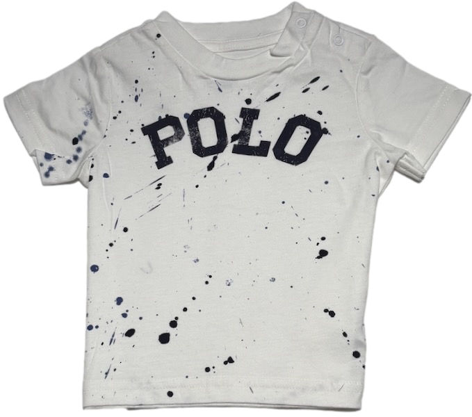 Polo by Ralph Lauren Plain Round Neck Short Sleeve T Shirt WHITE PAINT SPLATTER "POLO"  Age 3m TO 24m