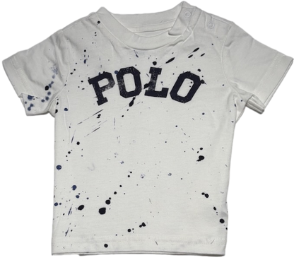 Polo by Ralph Lauren Plain Round Neck Short Sleeve T Shirt WHITE PAINT SPLATTER "POLO"  Age 3m TO 24m