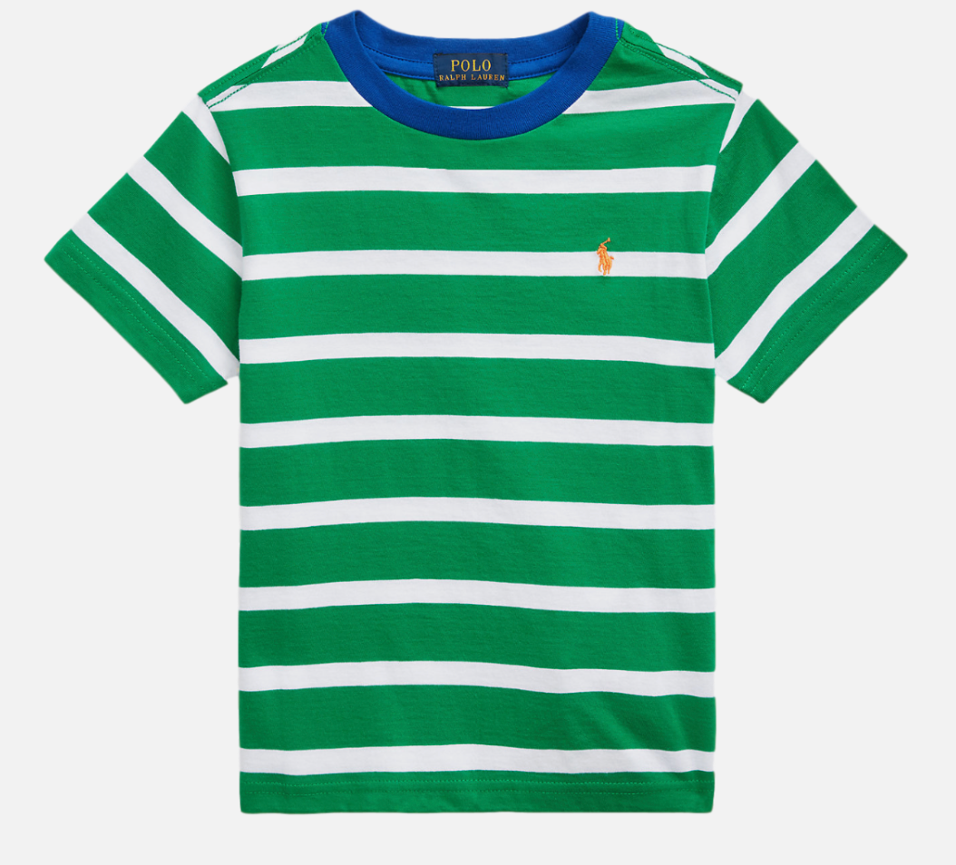 Polo by Ralph Lauren kids Round Neck T Shirt GREEN STRIPE  WITH ORANGE PONY Ages 14/16